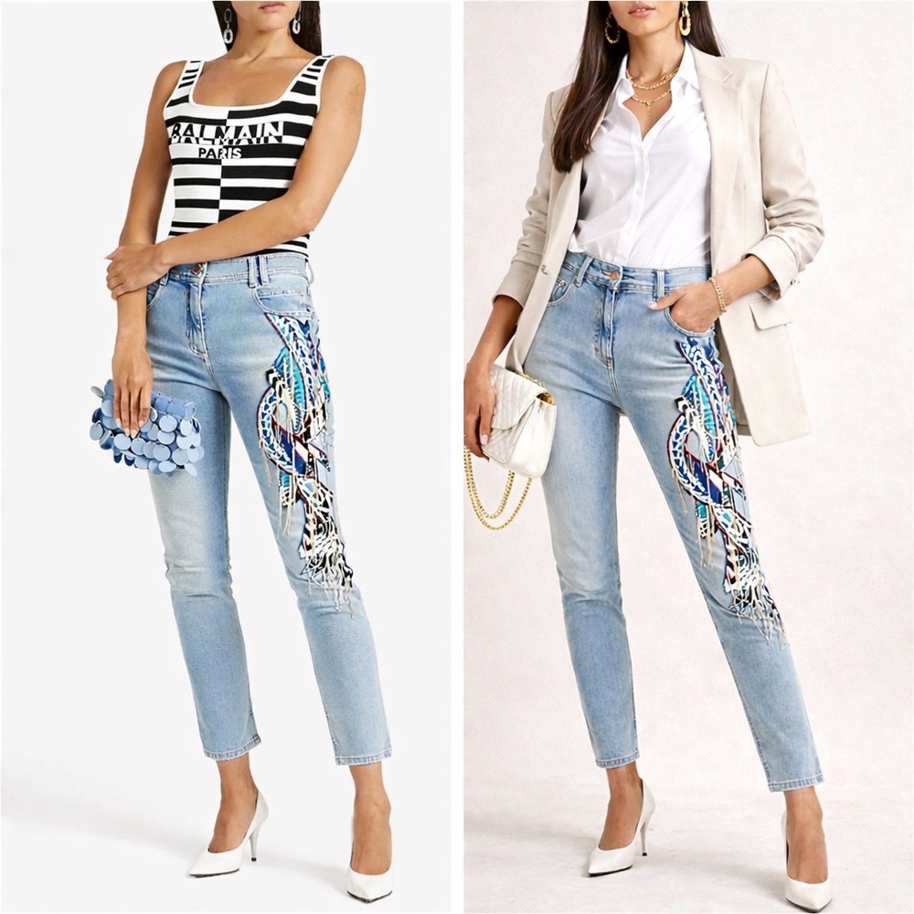 NWT $2295 BALMAIN Embellished Skinny Jeans Beaded Chain Fringe Light US 6